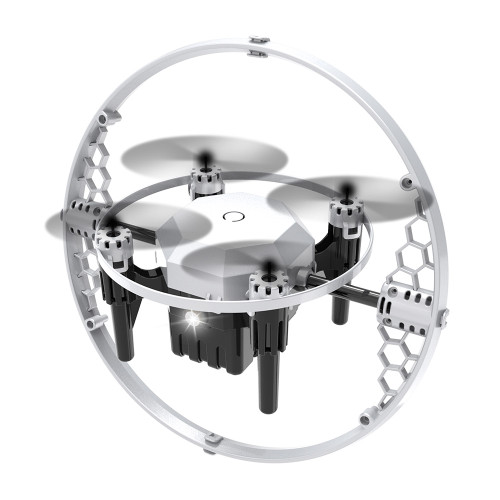 A silver quadcopter drone with a faceted body and spinning blades, enclosed within a large, circular, silver-coloured cage.