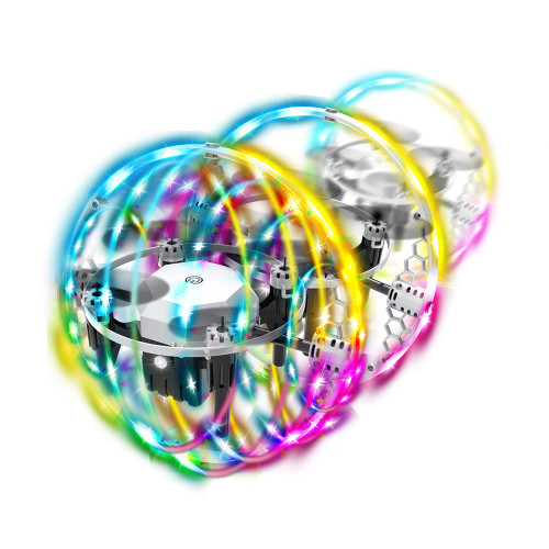 The Illuminator Drone spins, its bright multi-coloured LEDs creating vibrant, swirling trails of rainbow-coloured light.
