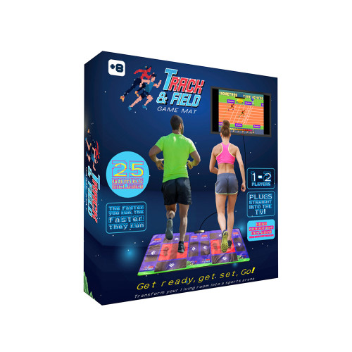 The Track and Field Game Mat box shows how it is for 1-2 players. It features 25 games, plug-and-play and an 8+ age rating.