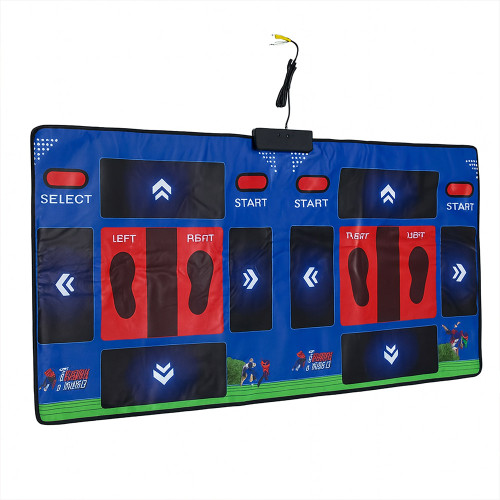 A blue 2 Player Track and Field Game Mat with two sets of red foot pads, directional arrow buttons, and a TV cable.