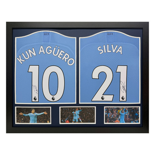 Aguero and Silva Dual Signed Manchester United Shirt - Framed