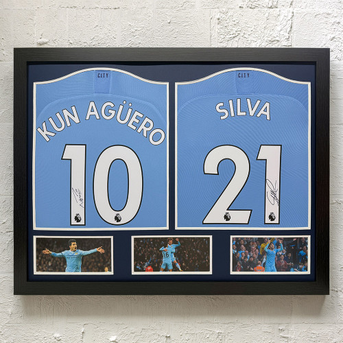 Aguero and Silva Dual Signed Manchester United Shirt - Framed
