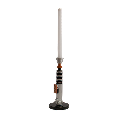 Luke Skywalker's lightsaber desk lamp standing upright on a black base. It is switched off and the blade is now white.