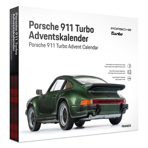 The Porsche 911 Turbo Advent Calendar box, showing a classic model car in a metallic dark green colour from a rear angle.