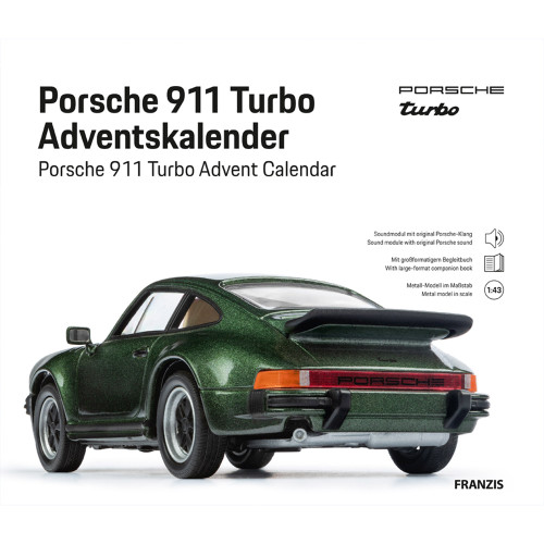 A metallic dark green Porsche 911 Turbo scale model, shown from the rear, on the packaging for the advent calendar.