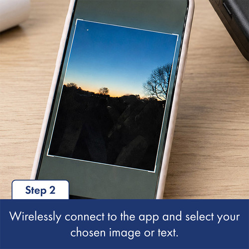 Next, wirelessly connect to the phone app and upload your chosen photo or text.