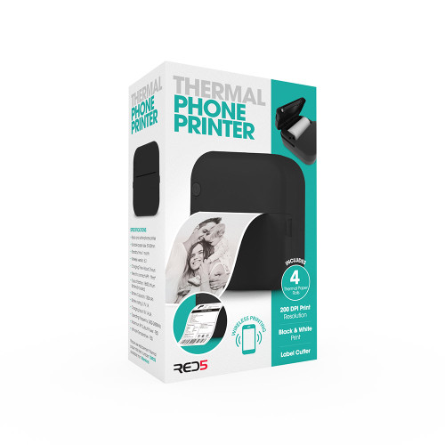 Retail packaging for the RED5 Phone Printer, featuring a photo of the sleek black printer, sample printed images, and text highlighting wireless printing, 200 DPI black and white output, and a built-in label cutter.