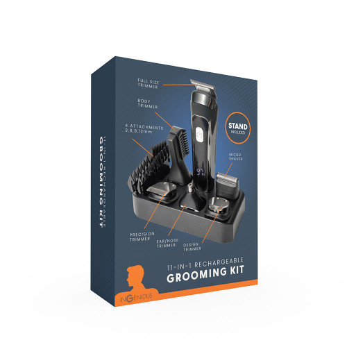 The retail box for the InGenious 11-in-1 Grooming Kit, showing the trimmer and all its attachments displayed in the stand.