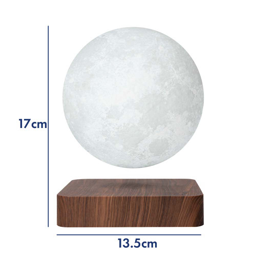 The Floating Moon lamp hovers above its square wood base, with its 17cm height and 13.5cm width dimensions shown.