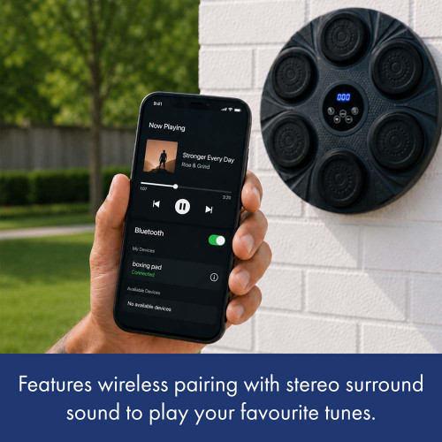A hand holds a smartphone showing a music app connected via Bluetooth to a circular black outdoor speaker mounted on a wall. Text below describes wireless stereo surround sound for playing music.
