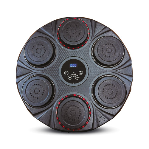 A circular black speaker boxing pad on a white background with red lights around the six boxing pads.