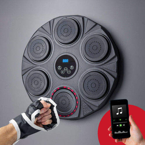 A circular black speaker boxing pad mounted on a wall with red lights around the six boxing pads, and a hand punching.