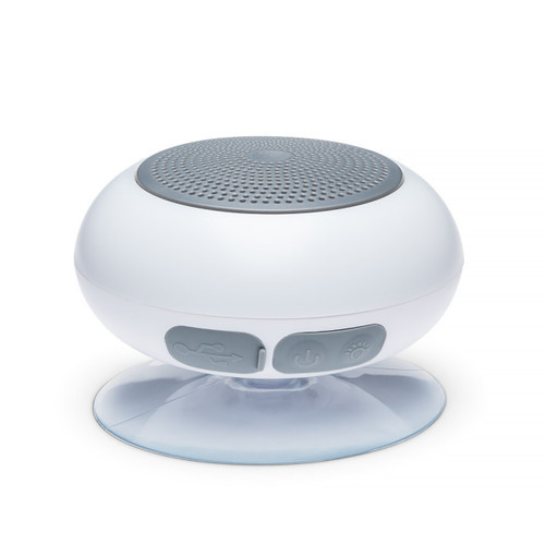 A white and grey round Light Up Shower Speaker with a clear suction cup base and control buttons on the front against a white background.