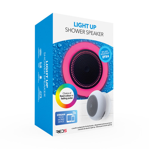 The retail box for the Light Up Shower Speaker, showing the splash resistant design and bluetooth streaming.