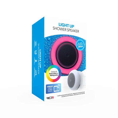 Retail packaging for the Light Up Shower Speaker,showing the splash resistant design and bluetooth streaming.