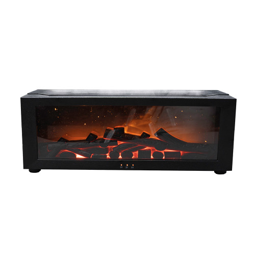 A black rectangular aroma diffuser with a realistic glowing log and flame effect visible through its clear front panel.