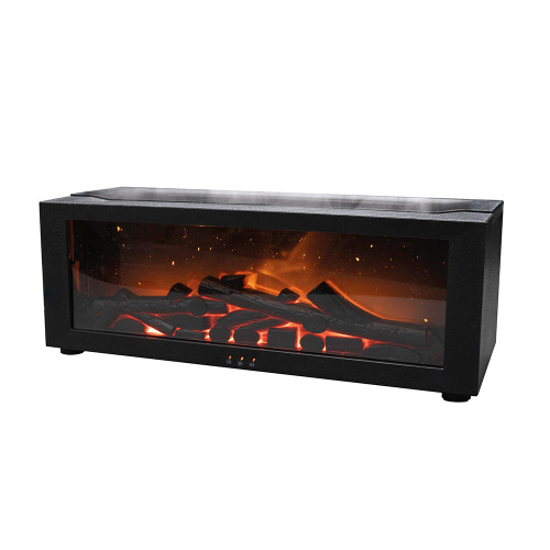 The Wellbeing Flame Aroma Diffuser in black, showing its realistic glowing logs and flame effect with a wisp of mist.