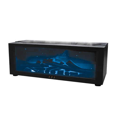 A black rectangular aroma diffuser with a vibrant blue flame effect over logs, emitting a fine mist from the top.