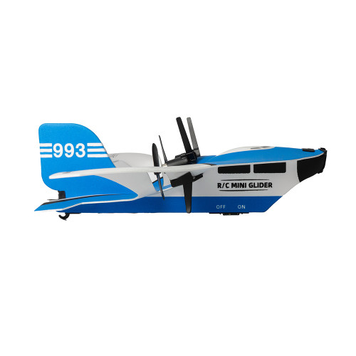 Side profile of the blue and white RC Mini Glider stunt plane, showing its twin propellers and boat-shaped fuselage.