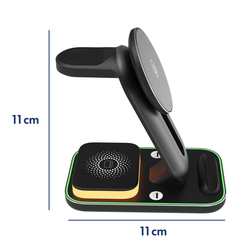 The 3-in-1 charging station in black, showing it is 11 cm by 11cm. The night light is on, casting a warm yellow glow.