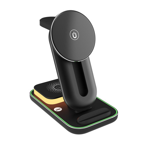 The 3-in-1 charging station with a magnetic mount. The base has two charging pads, a glowing night light, and green LED trim.