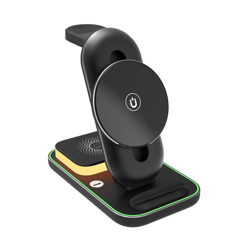 A black 3-in-1 charging station with an upright magnetic charger, a flat pad, and a glowing yellow night light on its base.