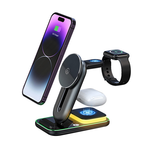 A 3-in-1 Charging Station in black, charging an iPhone magnetically, an Apple Watch, and AirPods on its glowing base.