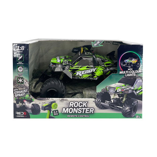 The Rock Monster RC truck's retail box, showing the 1:8 scale, premium tyres, multicolour lights and shock absorption.