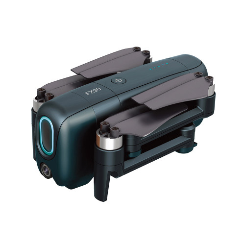 A FX90 drone in its compact, folded state. It features a front camera, a glowing blue oval light, and grey propellers.