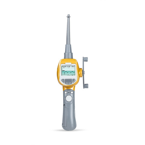 A yellow and grey handheld electronic sport fishing game shaped like a fishing rod, with a reel and a pixelated LCD screen.