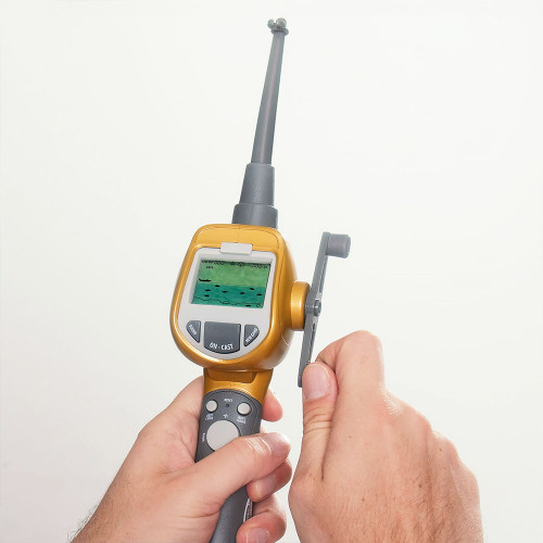 A person's hands holding the handheld electronic sport fishing game, turning the reel to play the game on screen.
