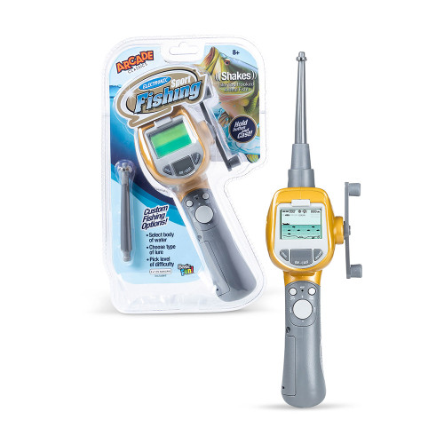The Electronic Sport Fishing game, a yellow and grey handheld device, shown next to its clear blister pack packaging.