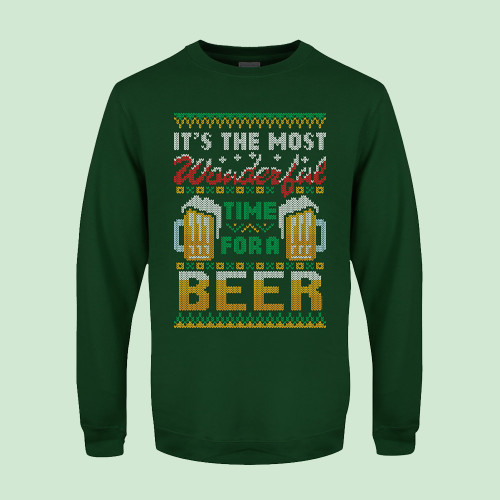 It's The Most Wonderful Time For A Beer Bottle Green Christmas Jumper