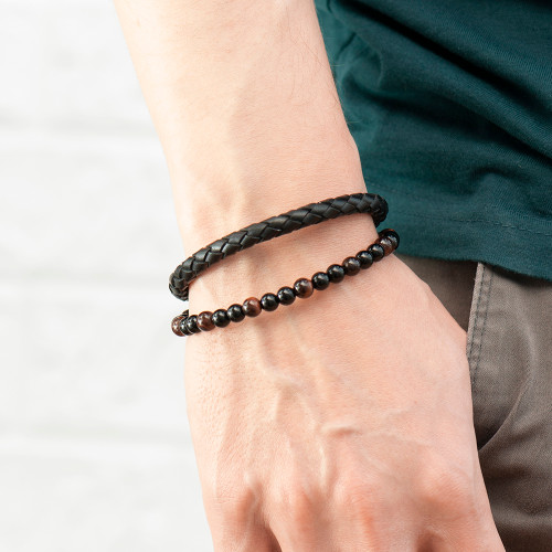 Personalised Men's Tigers Eye Bead and Leather Bracelet
