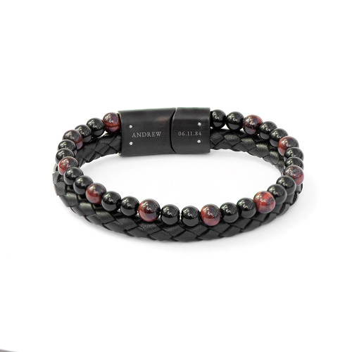 Personalised Men's Tigers Eye Bead and Leather Bracelet