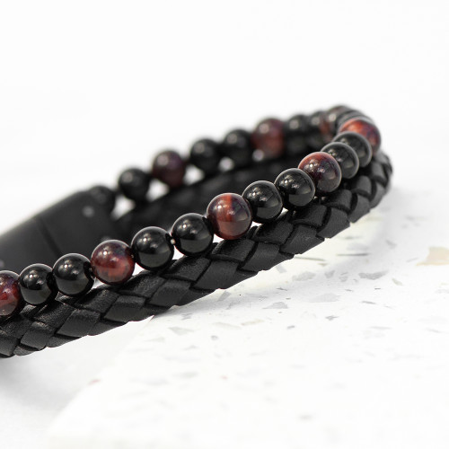 Personalised Men's Tigers Eye Bead and Leather Bracelet