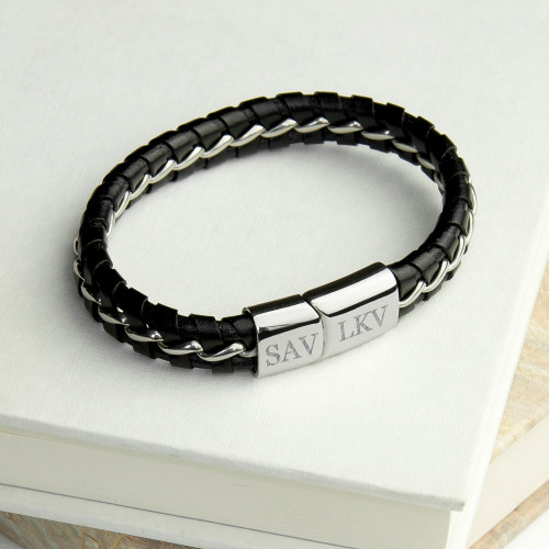Personalised Metal Detailed Leather Braid Bracelet