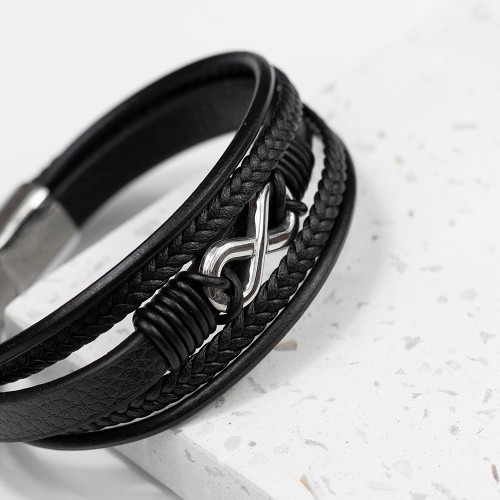 Personalised Men's Silver Infinity Stacked Leather Bracelet