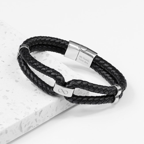 Personalised Men's Infinity Dual Leather Bracelet Silver