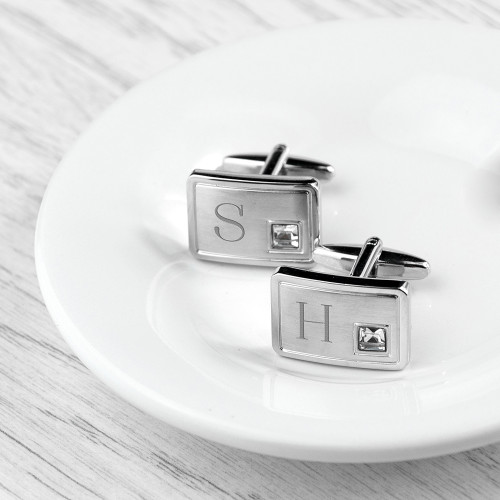 Personalised Brushed Silver Cufflinks with Crystal