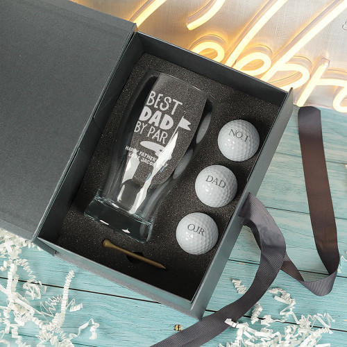 Peronalised Best Dad By Par Pint Glass and Golf Balls Gift Set