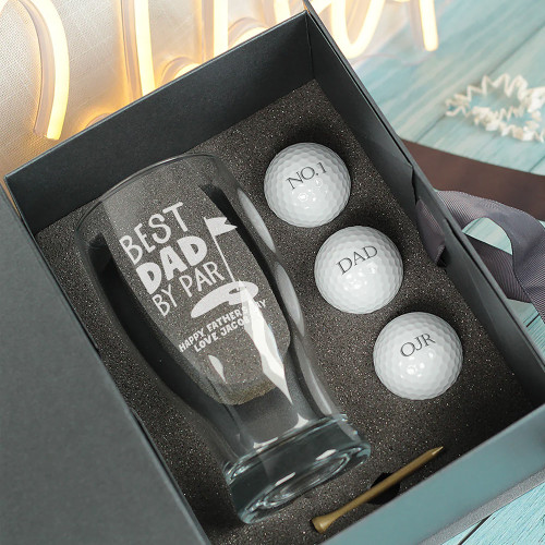 Personalised Best Dad By Par Pint Glass and Golf Balls Gift Set