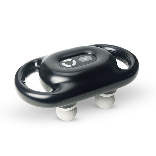A black Wellbeing percussion massager with two loop handles, a digital control panel, and two grey spherical massage heads.