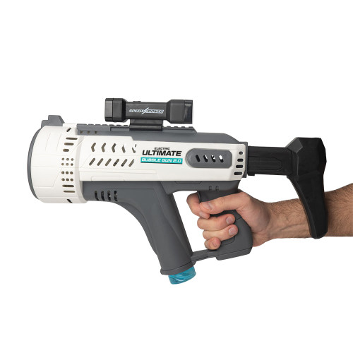 A hand grips the Ultimate Bubble Gun, which features a large nozzle, black stock, and a top-mounted light scope.