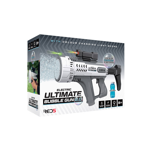 The Ultimate Bubble Gun 2.0 shown on its retail box, featuring a bubble bottle, lights and 8+ rating.