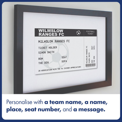 Personalised Football Ticket Black Poster Framed