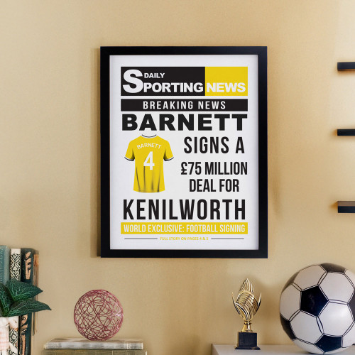 Personalised Football News Black Poster Framed