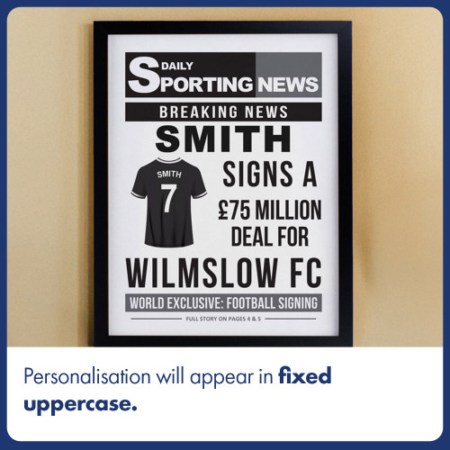 Personalised Football News Black Poster Framed