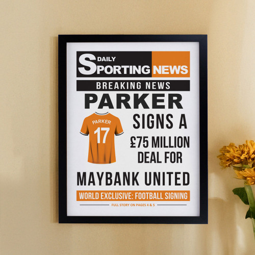 Personalised Football News Black Poster Framed