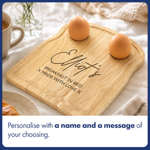 Personalised Wooden Toast Shaped Breakfast Plate With Egg Holders